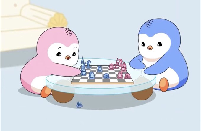 An animated illustration depicts two cartoon penguins, one pink and one blue, playing chess at a small glass table.