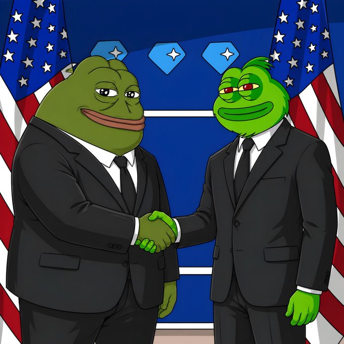 A cartoon illustration shows Pepe the Frog on the left shaking hands with a bright green frog on the right, both wearing black suits and ties in front of American flags and a blue backdrop.