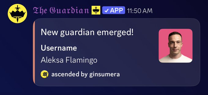 A Discord notification from "The Guardian" at 11:50 AM announces that a new guardian has emerged, naming "Aleksa Flamingo" as the username and noting they were "ascended by ginsumera," with the post welcoming Aleksa Flamingo to the SolflareEmpire.