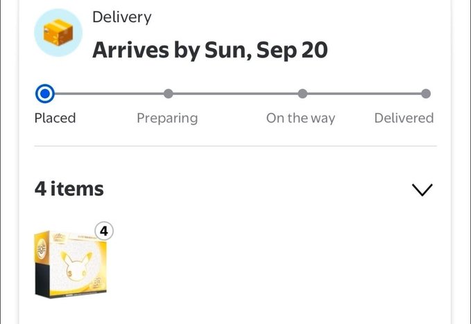 A Walmart delivery tracking screen showing 4 items with a status of "Placed" and an arrival date of Sunday, September 20, supporting the claim that raffle-related order emails are being distributed.