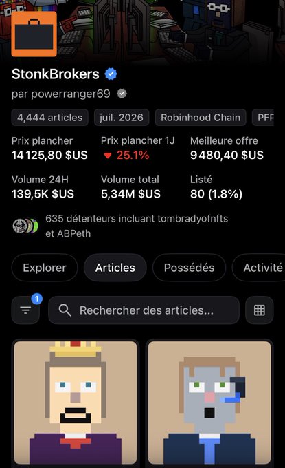 A screenshot of a digital collectibles marketplace page titled 'StonkBrokers' by powerranger69, showing a floor price of 14,125.80 USD, down 25.1%, and featuring pixel-art character NFTs.
