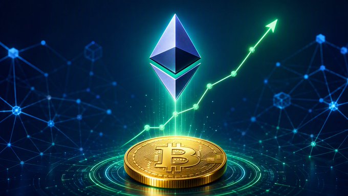 A digital illustration of a gold Bitcoin coin next to an Ethereum (ETH) logo, with a glowing green upward-trending arrow against a blue blockchain network background.