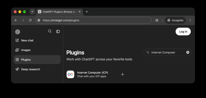 The image shows the ChatGPT Plugins page in an incognito browser window, displaying the "Internet Computer (ICP)" plugin available for installation. This visually confirms the post's announcement that Internet Computer now has an official MCP plugin in ChatGPT, built by the DFINITY team and approved by OpenAI.
