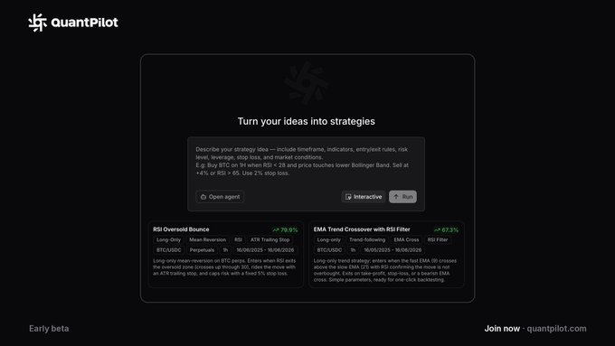 The image shows a screenshot of a QuantPilot website's homepage, which displays various ready-made strategies that users can implement in their chat using the chat application. The website offers options for creating and running custom strategy lists or finding pre-built strategies by name. One of these strategies is a "RSI Oversold bounce" technique designed to handle oversold trading patterns in an automated manner, preventing potential losses. Other available strategies include those related to EMA trends and backtesting. This post focuses on how users can turn their ideas into successful trading tactics with the help of QuantPilot's user-friendly interface and pre-built strategies.