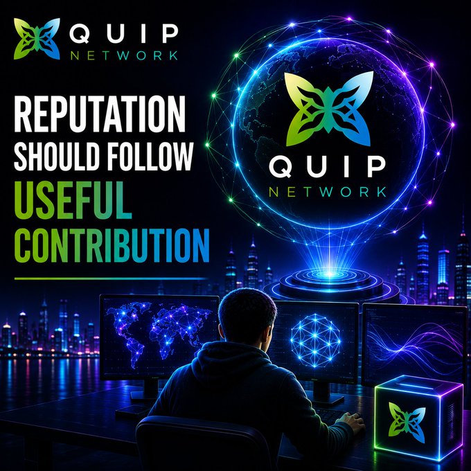 A promotional graphic for QUIP NETWORK featuring a person at a computer workstation with glowing screens, displaying the slogan 'REPUTATION SHOULD FOLLOW USEFUL CONTRIBUTION' alongside the brand's butterfly logo.