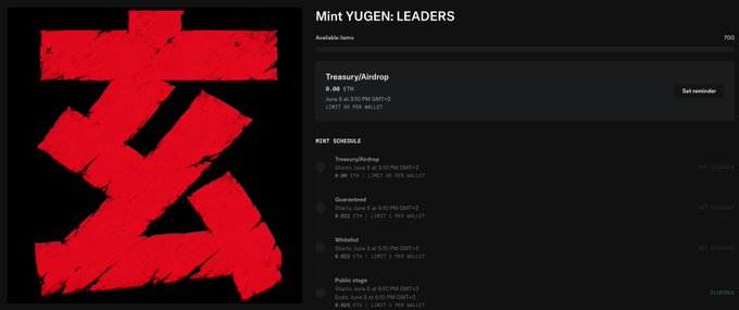 The image features a screenshot of an album cover with the text "gmgmg" written in red and white letters. The background appears to be black. In front of this image, there is a description provided in green text that says "MINT YUGEN LEADERS". Below this, there are details about how to access the tracks for "YUGEN LEADERS". The post mentions a few details such as "floor price", "eth mint supply", and "keys sit at 0.4 eth I got GTD and FCFS spots for MANA".