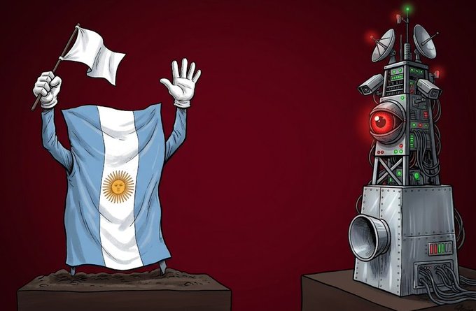 A cartoon depicts the Argentina flag draped over a figure waving a white surrender flag, facing off against a tall, surveillance-equipped machine with a red glowing eye and satellite dishes—symbolizing Argentina's capitulation to crypto data-sharing under the OECD's CARF framework with the U.K., Japan, and Brazil.