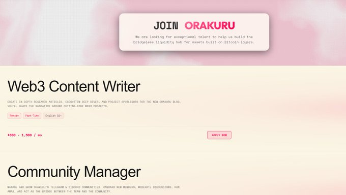 A recruitment page for Orakuru featuring a "JOIN ORAKURU" header and listings for a Web3 Content Writer ($800-1,000/mo) and Community Manager roles, complementing the broader hiring announcement for technical positions like Solidity developers and smart contract auditors.