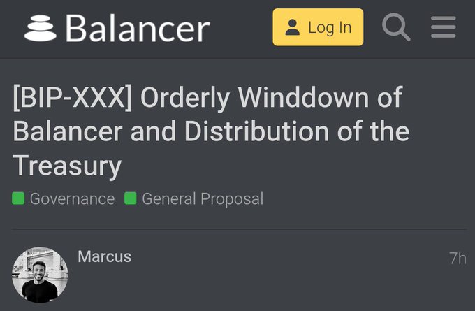 A screenshot from the Balancer governance forum showing proposal '[BIP-XXX] Orderly Winddown of Balancer and Distribution of the Treasury' posted by user Marcus.