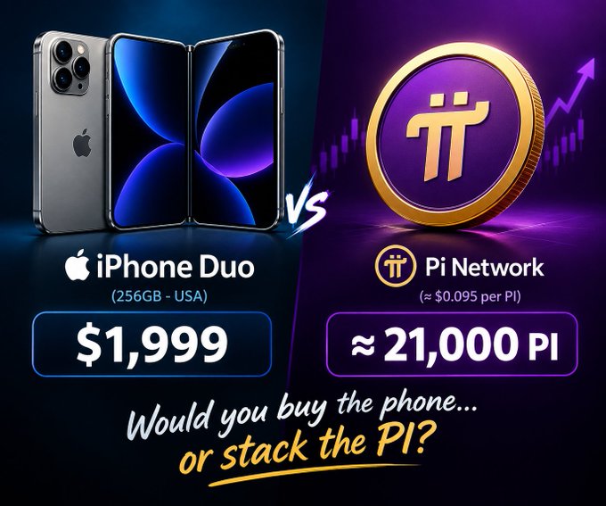 A comparison graphic showing an iPhone Duo (256GB - USA) priced at $1,999 on the left, versus approximately 21,000 Pi coins (at ~$0.095 per PI) on the right, with the tagline "Would you buy the phone... or stack the Pi?" — reinforcing the post's message that accumulating Pi cryptocurrency is the smarter long-term investment over spending on a high-priced phone.