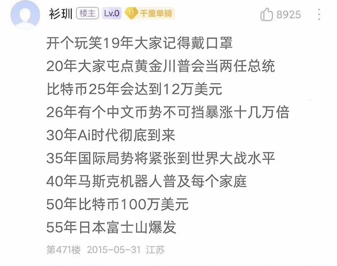 A Chinese social media post from 2015 lists humorous predictions for years 2019-2055, including forecasts about Bitcoin reaching $120K by 2025, AI dominance by 2030, and Mount Fuji erupting in 2055.