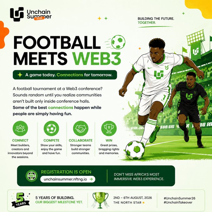 Promotional graphic for Unchain Summer 2026, a Web3 conference featuring a football tournament, with the tagline 'Football Meets Web3' and registration info at unchainsummer.nftng.io, held 2nd-6th August 2026.