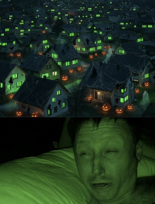 A composite image showing a stylized neighborhood of houses lit with green windows and jack-o'-lanterns on the top, and a green-lit man lying in bed on the bottom.
