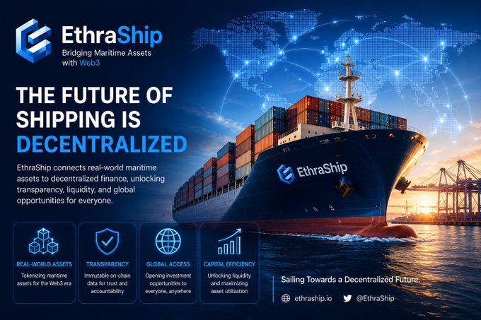 Promotional banner for 'EthraShip – Bridging Maritime Assets with Web3,' featuring a cargo ship and the tagline 'THE FUTURE OF SHIPPING IS DECENTRALIZED.'