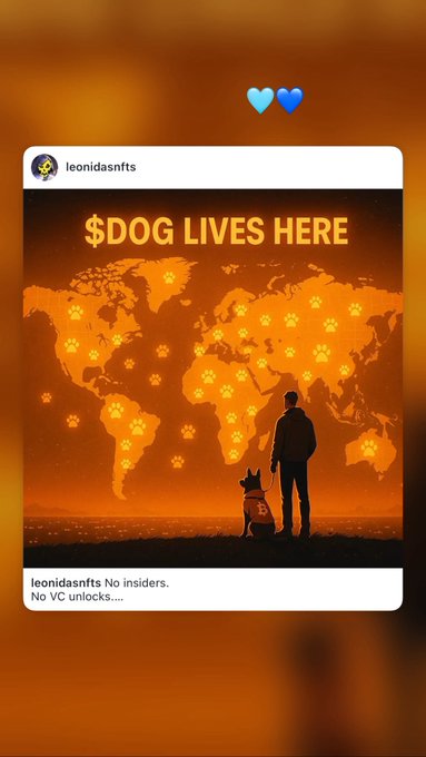 An Instagram-style post from 'leonidasnfts' features an orange-tinted world map with paw print icons, a silhouette of a person and dog, and the text '$DOG LIVES HERE' along with 'No insiders. No VC unlocks...'