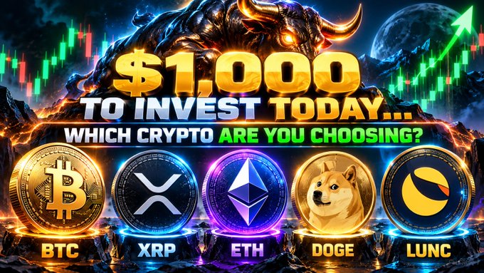 A flashy crypto promotional graphic asking '$1,000 TO INVEST TODAY... WHICH CRYPTO ARE YOU CHOOSING?' with logos for BTC, DOGE, XRP, ETH, and LUNC displayed beneath.