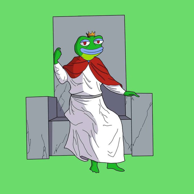 An illustration of Pepe the Frog dressed as a king in a white robe and red cape, wearing a small crown, seated on a gray stone throne against a green background.