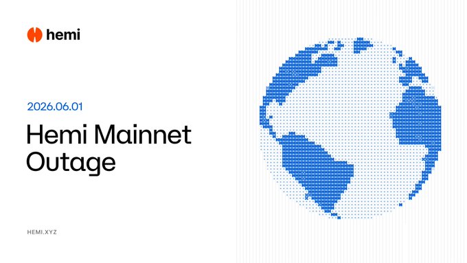 The image shows a poster for Hemi Mainnet Outage, which has been resolved. The main message of the poster is that all Hemi node operators must update their systems immediately to continue syncing with the network. There are no funds at risk in this situation.