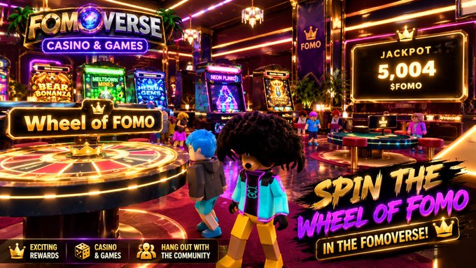 A promotional graphic for 'FOMOVERSE CASINO & GAMES' featuring 3D animated characters, slot machines, and text 'SPIN THE WHEEL OF FOMO IN THE FOMOVERSE!', displaying a Jackpot of 5,004 $FOMO.