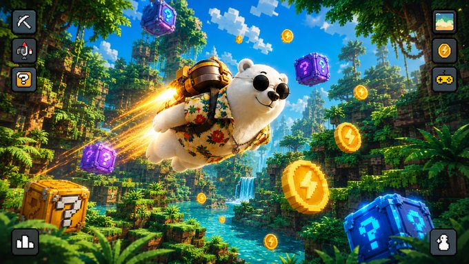 A cartoon polar bear wearing sunglasses and a Hawaiian shirt soars through a vibrant jungle with a jetpack, surrounded by floating golden "ZAP" coins, question mark blocks, and pixel-art loot crates, visually capturing the playful, obstacle-dodging gameplay of the Jetpack CONSO campaign.