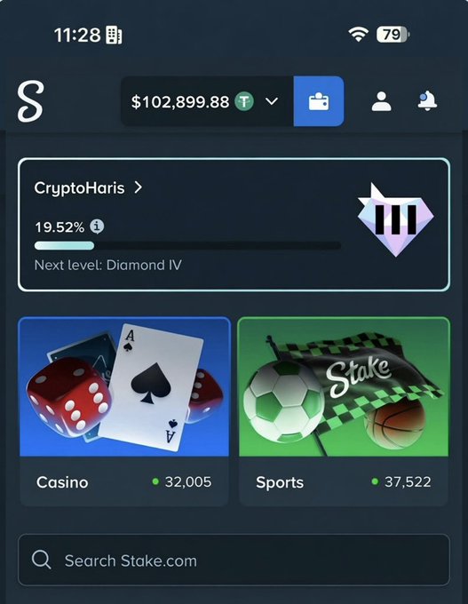 The image shows a Stake.com account dashboard for user "CryptoHaris" displaying a balance of $102,899.88, a VIP progress bar at 19.52% toward Diamond IV, and quick-access tiles for Casino (32,005) and Sports (37,522) sections. The post inviting users to share their Stake usernames is a giveaway prompt, and this screenshot likely serves as proof of a large balance to encourage participation and engagement in the comments.
