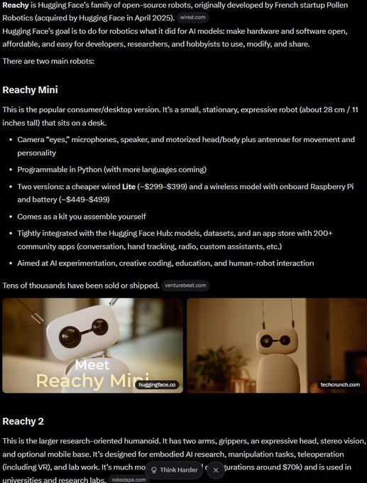 A tech article about Reachy, an open-source robot family by Hugging Face and Pollen Robotics, featuring the popular Reachy Mini (~$299–$499) and the larger Reachy 2 humanoid research robot (~$70k).