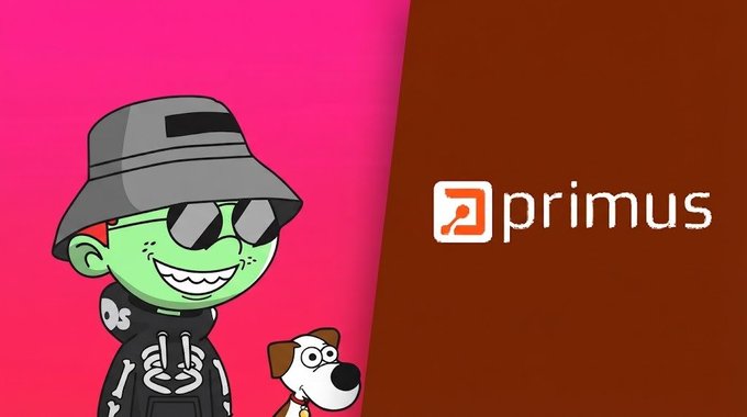 A split pink and brown background showing a cartoon character with green skin, sunglasses, and a bucket hat alongside a cartoon dog, next to the 'primus' logo.