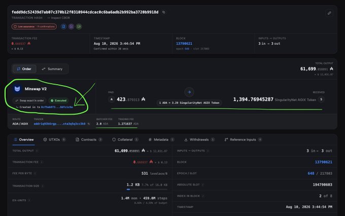 Blockchain transaction explorer page showing a Cardano transaction with 'Minswap V2' DEX aggregator circled in green, ADA/AGIX swap details, transaction fee 0.668837 ADA, and block 13798621.