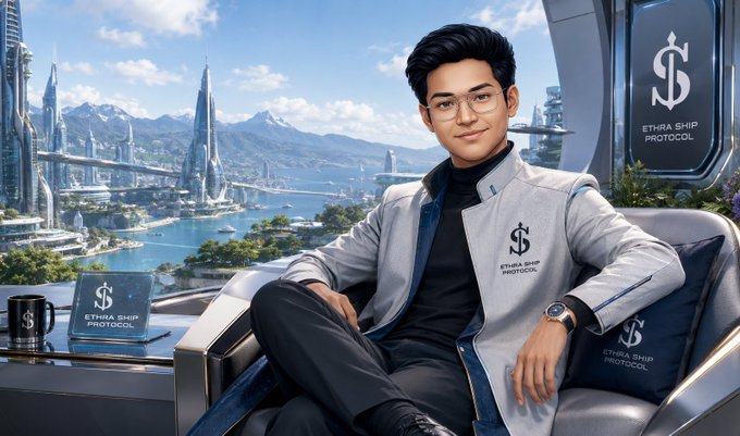 A digital portrait of a young man wearing glasses and a gray jacket branded with the "Ethia Ship Protocol" logo, seated in a futuristic cityscape setting.