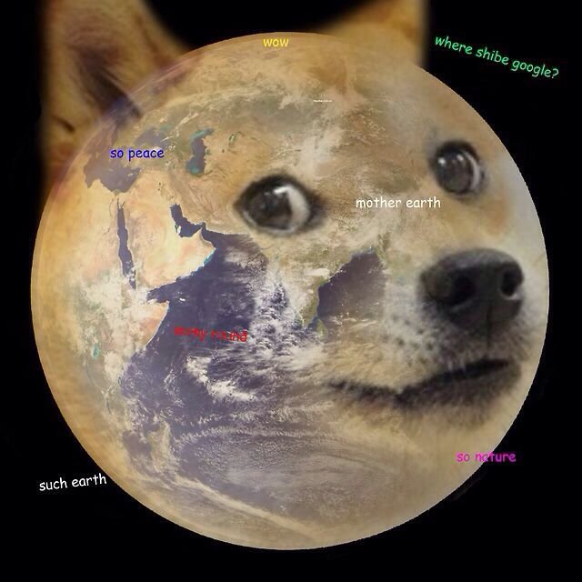 A graphic combining a close-up of a Shiba Inu dog's face with an image of Earth, featuring colorful text labels like "wow," "such earth," "mother earth," "so peace," "many land," "so nature," and "where shibe google?" in the style of the classic "Doge" meme, representing $DOGE cryptocurrency.