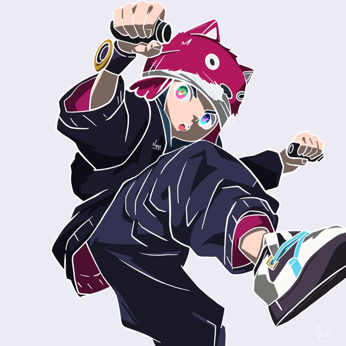 A dynamic anime-style illustration of a character with white hair, heterochromatic eyes (red/green), wearing a red animal-eared hoodie and dark streetwear, posed mid-kick in a fighting stance.