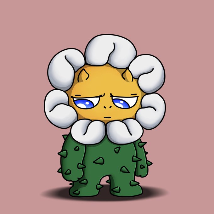 Digital illustration of an anthropomorphic flower character with a yellow face, large white petals, and a green thorny stem body, sporting a grumpy expression against a pink background.