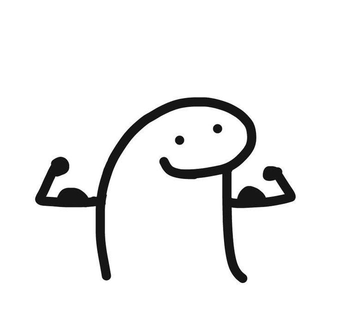 A simple black line drawing of a smiling stick-figure character flexing both biceps on a white background.