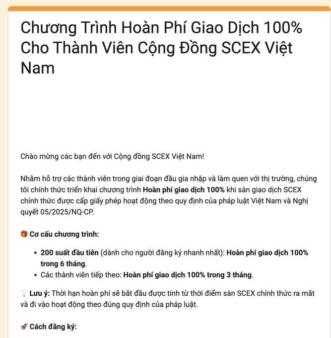 A Vietnamese announcement for the SCEX community promoting a 100% transaction fee refund program for the first 200 registrants (6 months) and subsequent members (3 months), referencing Vietnam's Decree 05/2025/NQ-CP.