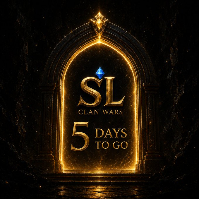 A glowing golden archway reveals a countdown message reading "SL CLAN WARS — 5 DAYS TO GO," adorned with blue and gold gemstones, marking the imminent listing of the $SLCW token. The dramatic, fiery aesthetic builds anticipation for the upcoming launch and rallies the community of 50,000 holders.