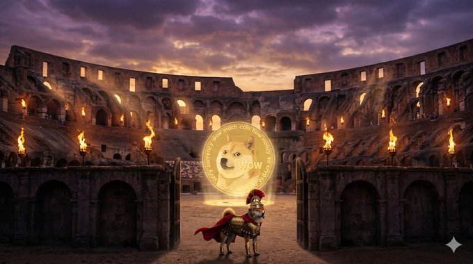 The image features a man dressed as a Roman soldier standing next to a dog wearing a red cape. The scene takes place inside an old, dilapidated colosseum with a large golden coin placed above them. The caption of the image reads "Most people wait for the right time to buy $DOGE", which is related to the Dogecoin cryptocurrency that was created in 2009 by Bitcoin founder Satoshi Nakamoto.