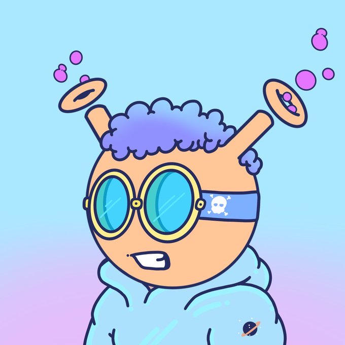 A cute cartoon character with purple curly hair, antennae with rings, and large round teal goggles wears a light blue hoodie against a gradient background.
