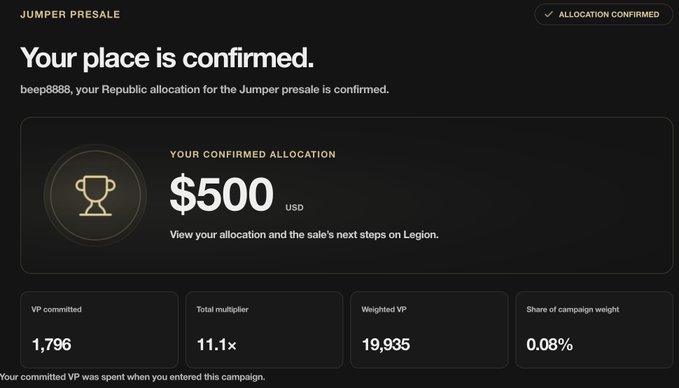 A screenshot of a 'JUMPER PRESALE' confirmation page showing 'Your place is confirmed' with a confirmed allocation of $500 USD, and statistics including 1,796 VP committed, 11.1x total multiplier, and 19,935 weighted VP.