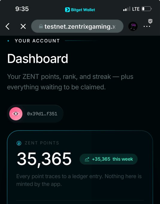A screenshot of the Bitget Wallet app showing a Dashboard with 35,365 ZENT points for account 0x39d1...f351 on testnet.zentrixgaming.