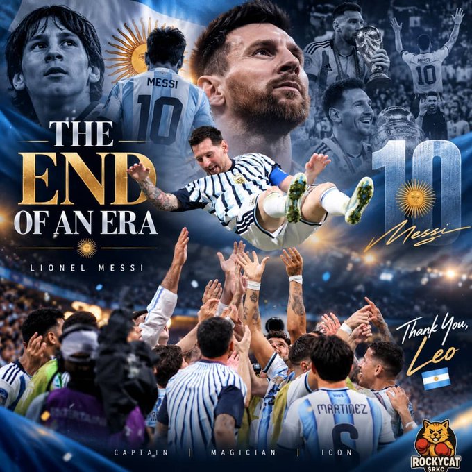 A promotional graphic featuring multiple images of soccer player Lionel Messi wearing the Argentina #10 jersey, with the text 'THE END OF AN ERA', 'LIONEL MESSI', and 'Thank You, Leo'.