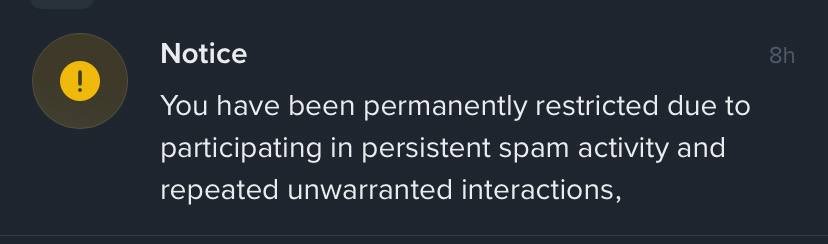 A notification from Binance Square titled "Notice" displays the message: "You have been permanently restricted due to participating in persistent spam activity and repeated unwarranted interactions," timestamped 8h ago. The image illustrates the bug described in the post, showing how Binance Square users across different regions have been wrongly flagged for spam and permanently restricted from the platform.