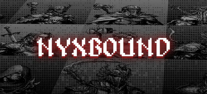 The text "NYXBOUND" is prominently displayed in pixelated, blood-red lettering across a collage of dark, gritty medieval character illustrations, including knights and warriors. The image serves as a striking banner for the Nyxbound NFT project, visually reinforcing the post's announcement of its public mint and RPG-themed digital collectibles available on Robinhood.