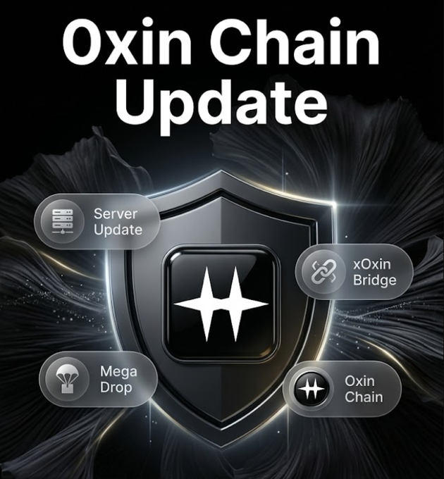 A promotional graphic titled "Oxin Chain Update" featuring a central shield emblem surrounded by four feature badges: "Server Update," "xOxin Bridge," "Mega Drop," and "Oxin Chain," set against a sleek black background with light streaks—visually summarizing the key highlights of the update, including the server migration, bridge enhancement, and pending $Oxin and $ATL megadrop transfers.