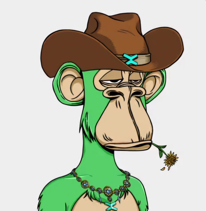 A cartoon illustration of a green-furred monkey wearing a brown cowboy hat with a teal "X" emblem, a beaded necklace, and chewing on a small yellow flower.