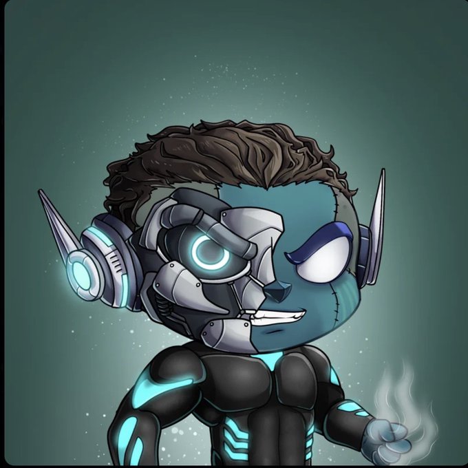 A digital illustration of a cyborg character with brown hair, a glowing blue cybernetic eye and arm, and a smirk on its face against a dark teal background.