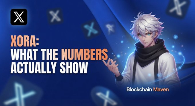 A thumbnail-style graphic features an anime character next to the text 'XORA: WHAT THE NUMBERS ACTUALLY SHOW' and 'Blockchain Maven', with X (formerly Twitter) logos in the background.