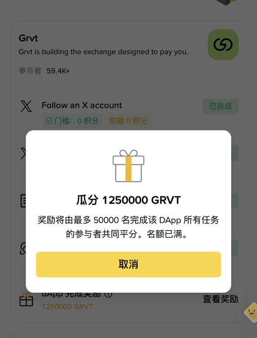 A popup displays "瓜分 1250000 GRVT" showing that the 1.25 million GRVT reward pool is fully claimed (名额已满) after the user completed all tasks, despite only 59.4K participants joining. The screenshot captures the frustrating "sold out" message that appeared after finishing Grvt's DApp tasks, matching the poster's annoyance at being shown an unclaimable reward.