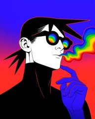 A stylized cartoon graphic of a pale figure with dark spiky hair and rainbow-colored sunglasses exhaling a rainbow vapor trail against a blue and red background.