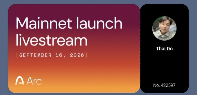 A promotional graphic for 'Mainnet launch livestream' by Arc, scheduled for 'SEPTEMBER 16, 2026', featuring a profile of 'Thai Do'.