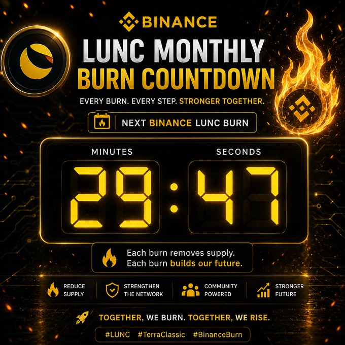 A Binance 'LUNC MONTHLY BURN COUNTDOWN' graphic featuring the Terra (LUNC) logo and Binance logo with flames, displaying a digital countdown timer at 29 minutes and 43 seconds until the 'NEXT BINANCE LUNC BURN,' with hashtags #LUNC #TerraClassic #BinanceBurn.